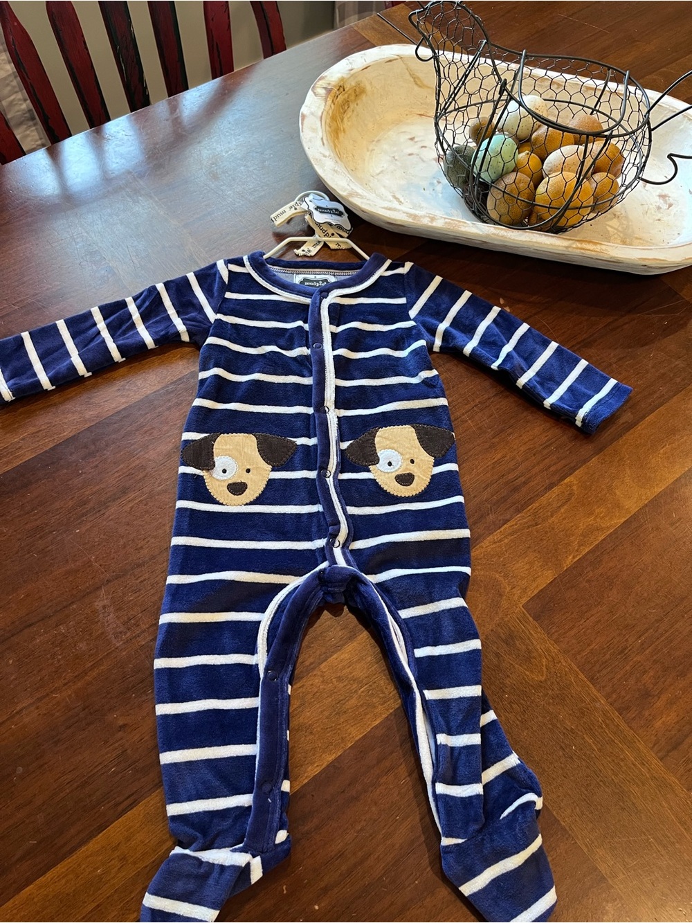 Mud Pie Navy and White Striped Footie with Puppy Pockets 6/9
